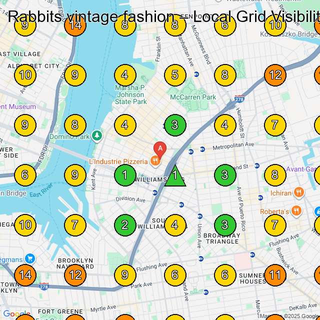 Rabbits vintage fashion GeoGrid ranking map for Vintage Clothing Store in Brooklyn